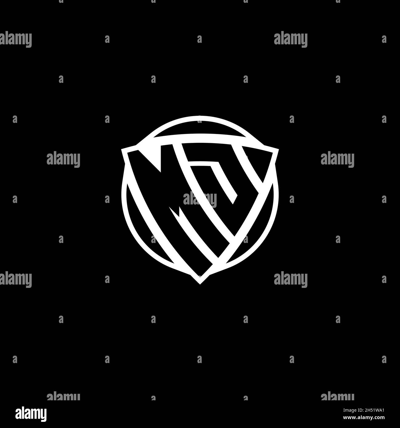 MD Monogram-Logo mit dreieckiger Schildform, isoliert auf weißem Hintergrund. Radioaktives Logo, Dreieck radioaktiv und Schildform Stock Vektor