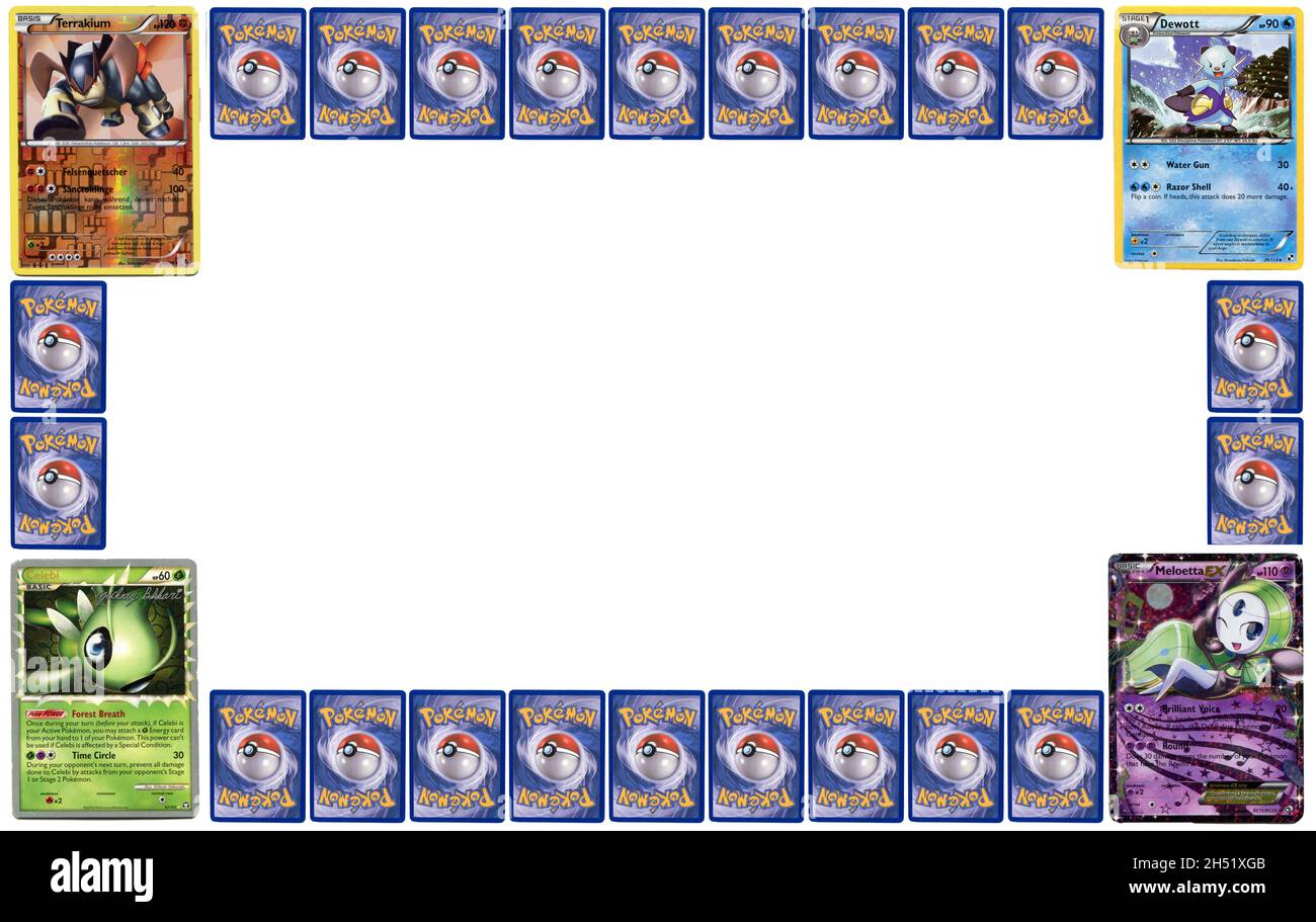 Überschrift der echten verwendeten Pokemon Trading Cards Überschrift Banner, Sammlerstücke seltene Spielkarten kopieren Raum Stockfoto