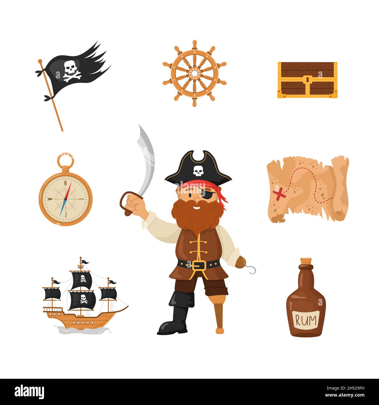 Ein Paket von Piratenartikeln. Mann in Piratenkostüm, Leuchtturm, Flagge, Säbel, Schiff, Schatzkiste. Pirateriesammlung auf weißem Hintergrund isoliert Stock Vektor