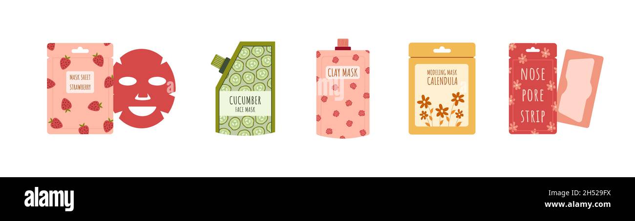Set Gesichtsmaske. Hautpflege. Morgendliche Routine. Reinigend und feuchtigkeitsspendend. Handgezeichnetes Beauty-Produkt. Vektor-Illustration im flachen Cartoon-Stil Stock Vektor