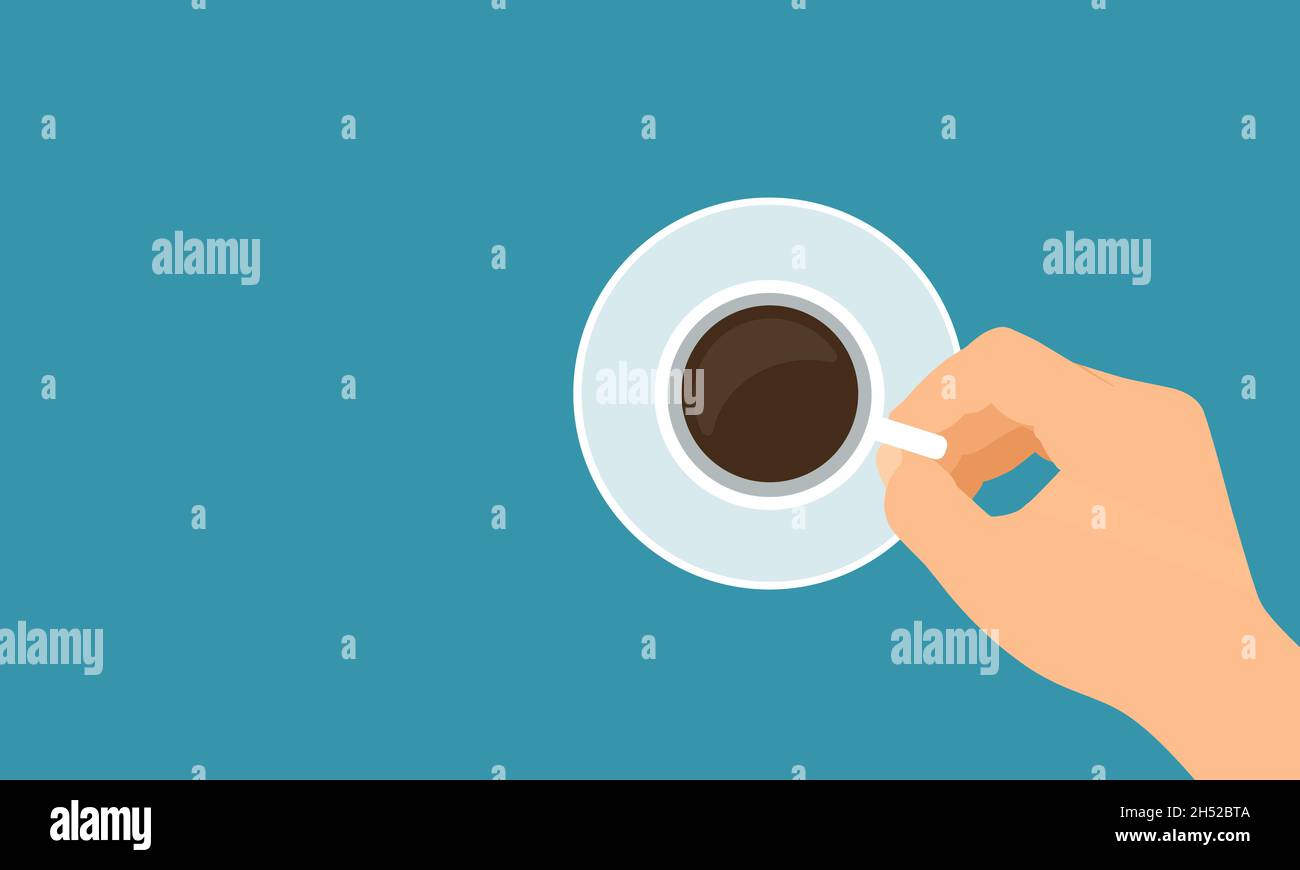 Flache Darstellung einer möglichen Hand, die eine Tasse Kaffee hält. Platz für Text auf grünem Hintergrund - Vektor Stock Vektor