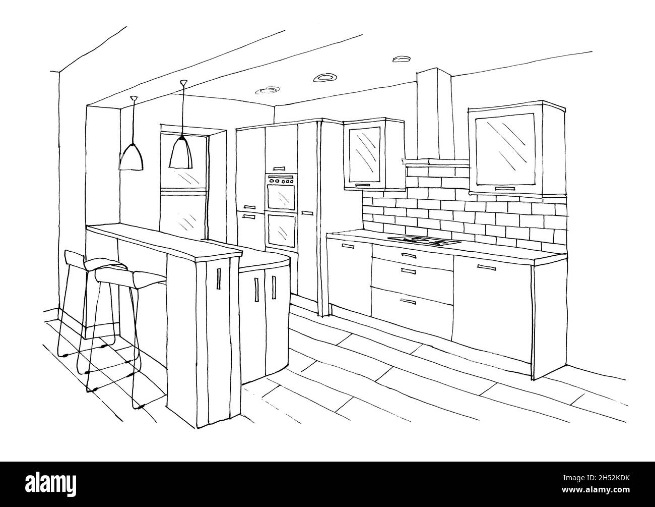 Grafische Skizze einer Innenküche, Bartisch, Hochstühle, Herd, Dunstabzugshaube, Backofen, Liner Stockfoto Grafische Skizze einer Innenküche, Bartisch, Hochstühle, Herd, Dunstabzugshaube, Backofen, Liner Stockfoto