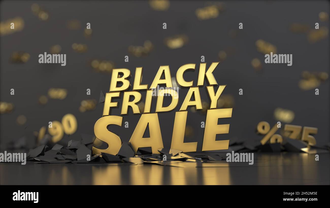 Bahnbrechender goldener Black friday-Text. 3D-Illustration, geeignet für Rabatt- und Verkaufsthemen. Stockfoto
