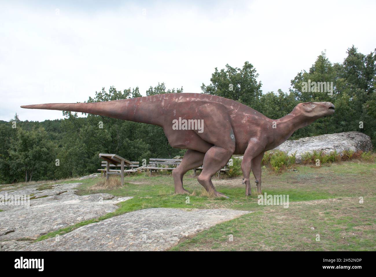 Nachbildung eines echten Fiberglas iguanodon. Fundort von Ichniten von Regumiel de la Sierra, Burgos, Spanien. Stockfoto