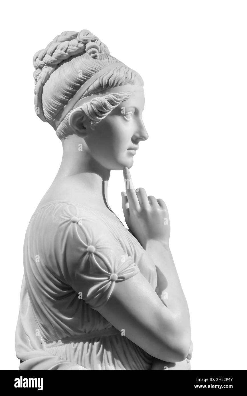 Gipskopie der alten Statue der denkenden jungen Dame isoliert auf weißem Hintergrund. Seitenansicht der Gipsskulptur Frau Gesicht Stockfoto