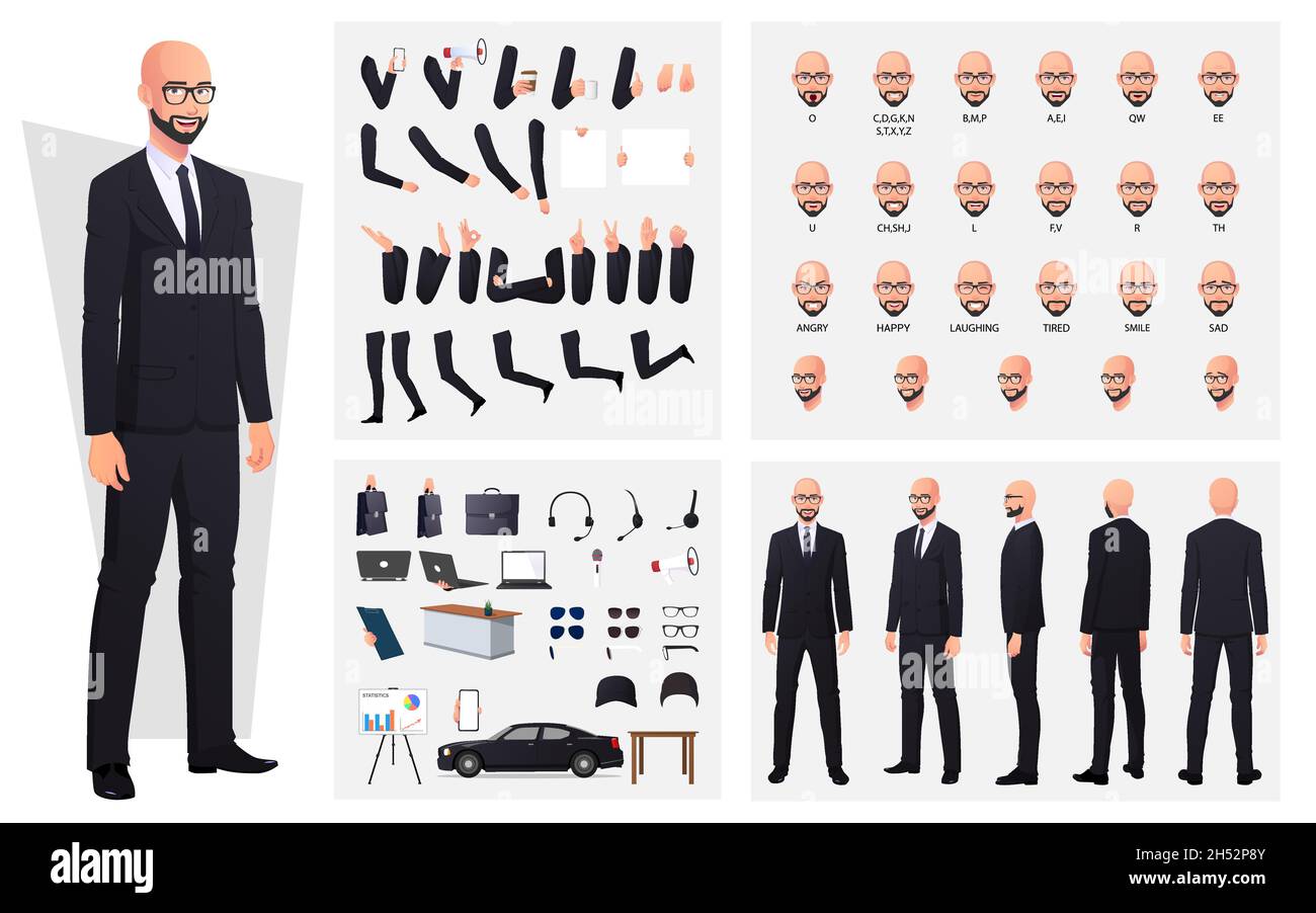 Glatze Mann trägt Anzug und Brille Charakter-Kreation Set mit Handgesten, Emotionen und Mund Animation Premium Vector Stock Vektor