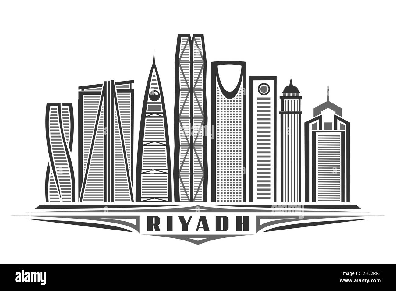Vektor-Illustration von Riad, monochromes horizontales Poster mit linearem Design berühmte stadtlandschaft von riad, urbanes Linienkunstkonzept mit einzigartiger Dekoration Stock Vektor