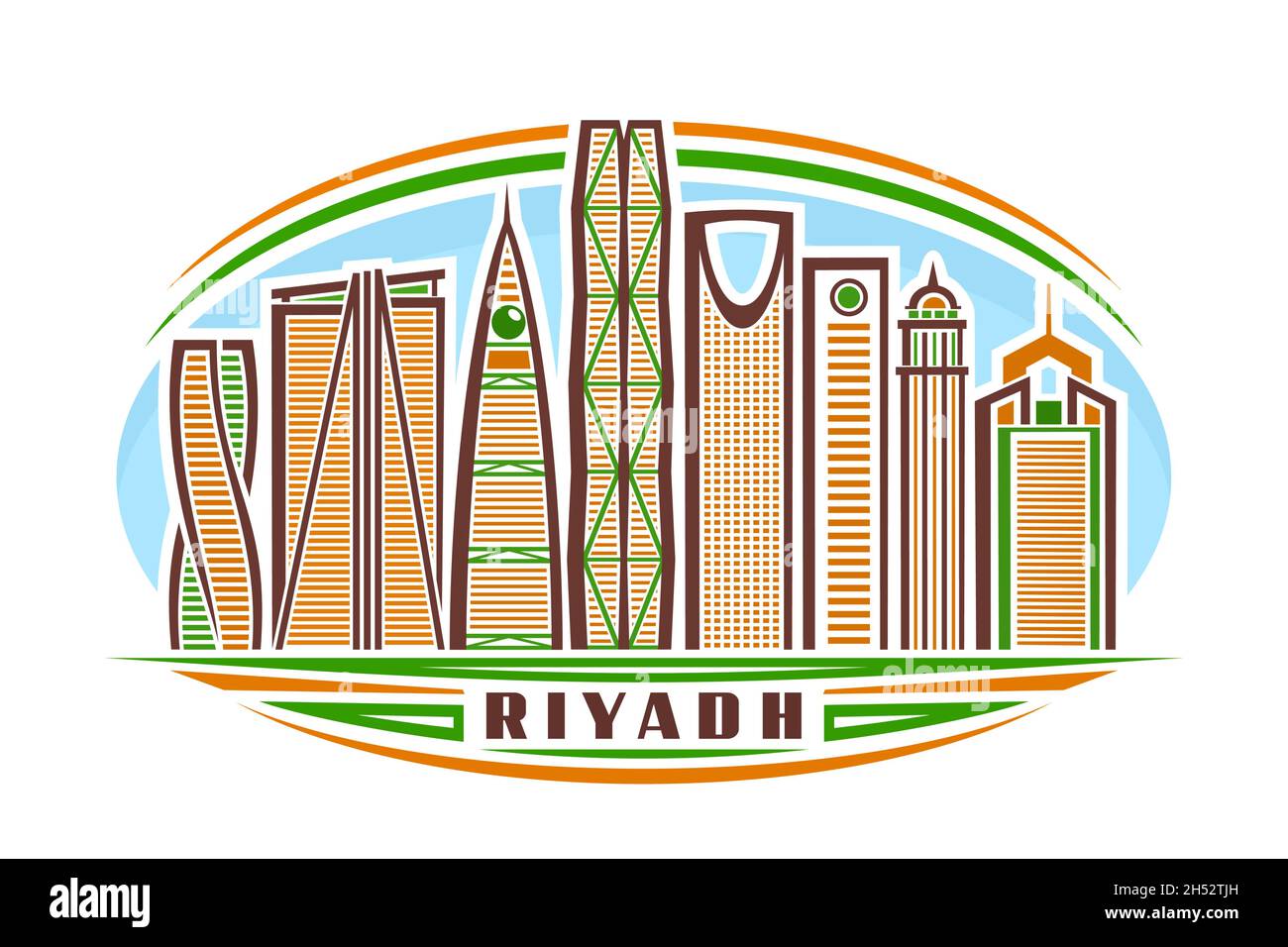 Vektor-Illustration von Riad, horizontales Schild mit linearem Design berühmten riad Stadtbild am Tag Himmel Hintergrund, städtische Linie Kunst Konzept mit decorati Stock Vektor