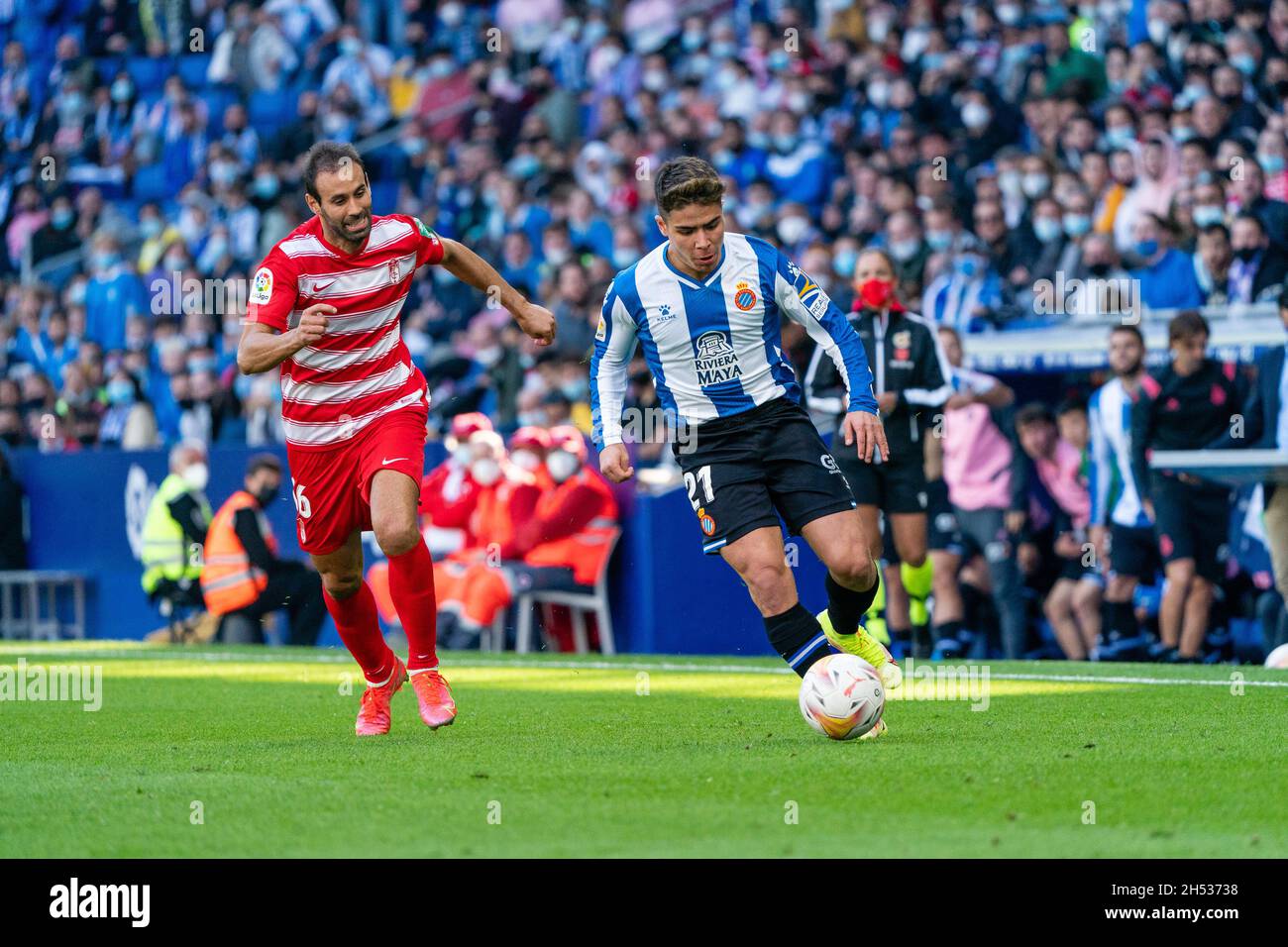 Barcelona, Spanien. November 2021. SPAIN-SOCCER-LA LIGA SANTANDER-RCD ESPANYOL GEGEN GRANADA CF. La Liga Santander Spiel zwischen RCD Espanyol und Granada CF im RCD Stadium, el Prat, Spanien, am 6. November 2021. © Joan Gosa 2021 Quelle: Joan Gosa Badia/Alamy Live News Stockfoto