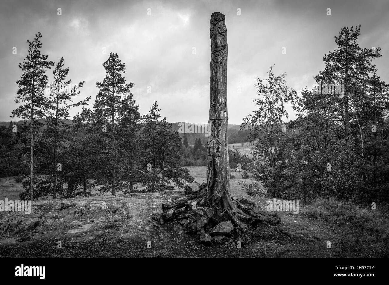 Altes hölzernes Idol inmitten der Bäume im Wald von Karelien, Russland. Schwarz und Weiß. Stockfoto