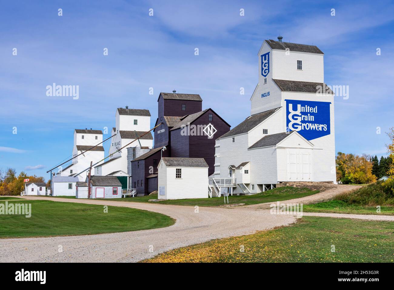 Die restaurierten historischen Getreideaufzüge in Inglis, Manitoba, Kanada. Stockfoto