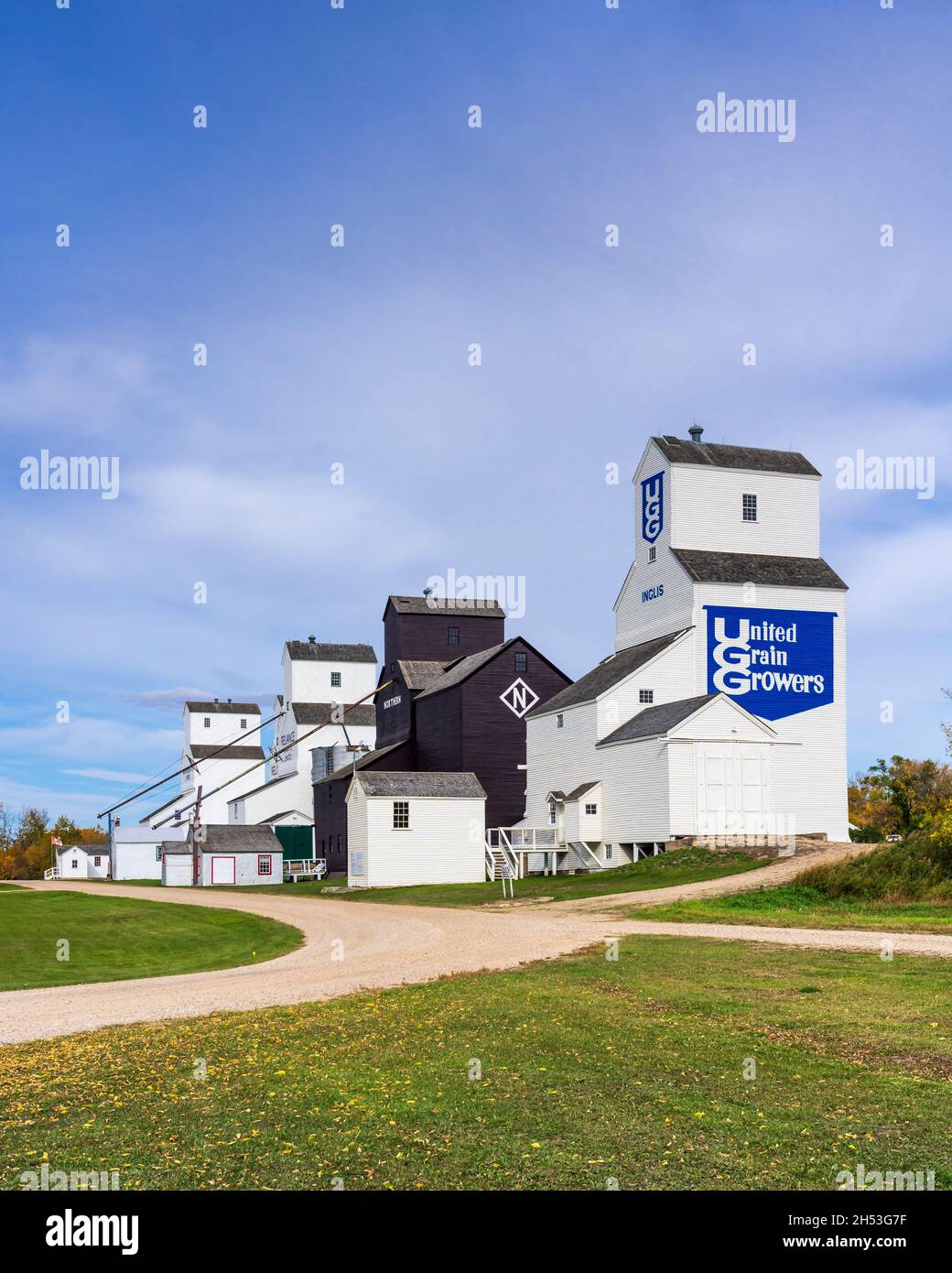 Die restaurierten historischen Getreideaufzüge in Inglis, Manitoba, Kanada. Stockfoto