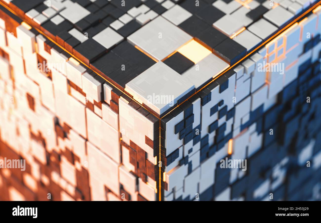 Würfel und Materialien, Schaltungsstruktur, 3d-Rendering. Digitale Zeichnung des Computers. Stockfoto