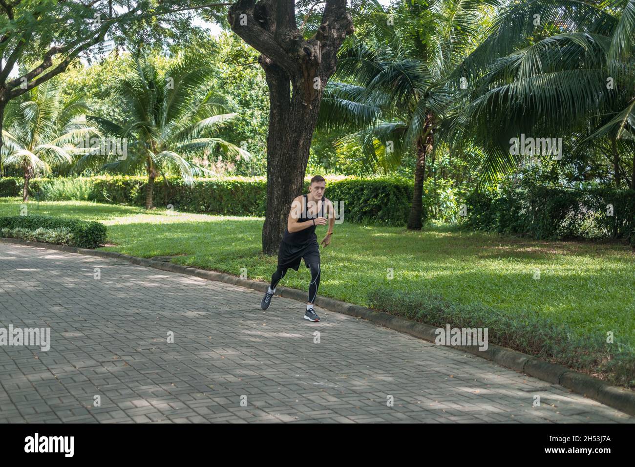 Sportlich aktiver junger Mann in Sportbekleidung Joggen im Park. Fit kaukasischen Mann läuft im Freien. Gesundes Lifestyle-Konzept, Sport im Freien, Training Stockfoto