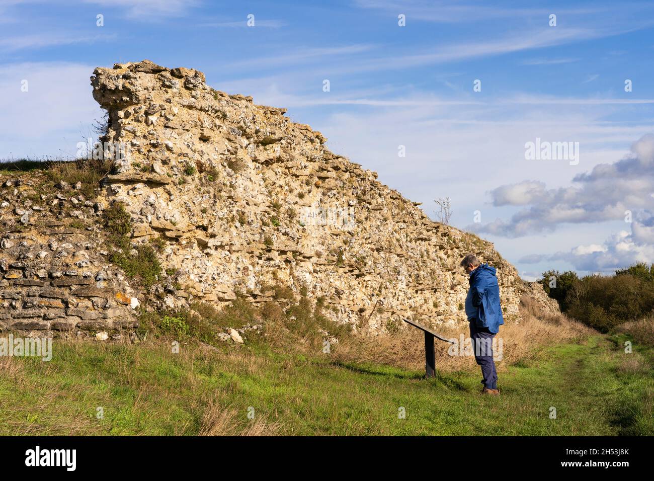 Ein Tourist, der am Südtor der zerstörten römischen Stadtmauer in Silchester (Calleva Atrebatum) eine Informationstafel liest. Hampshire, Großbritannien Stockfoto