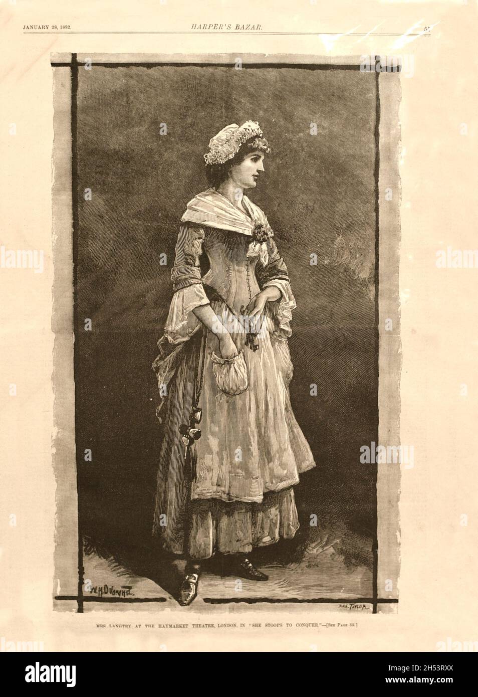 Eine Gravur aus einer Ausgabe von Harper's Bazar aus dem Jahr 1882, die „Mrs. Langtry im Haymarket Theatre, London“ in dem Stück „She stoops to Conquer“. Stockfoto