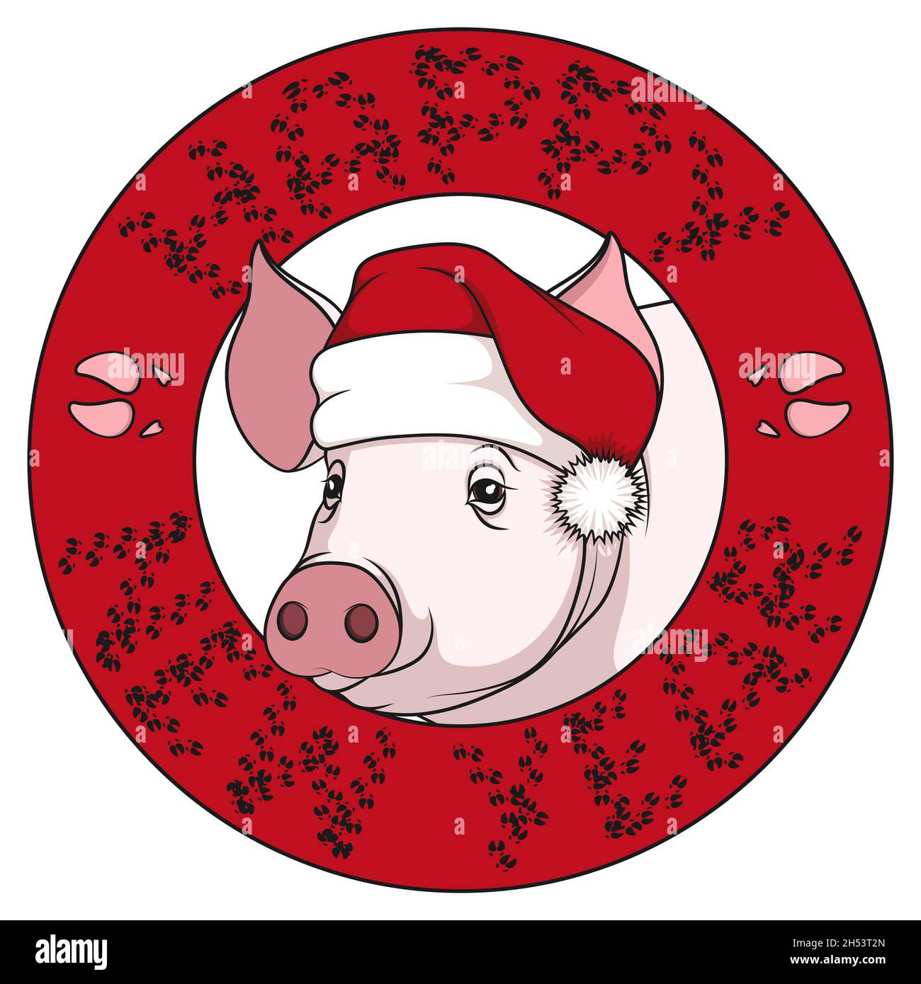 Farbzeichnung eines Schweins in einer Neujahrsmütze und einer Inschrift mit Glückwünschen aus den Spuren. Vektorgrafik auf weißem Hintergrund. Stock Vektor