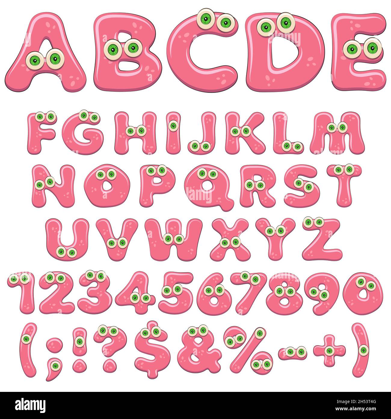 Rosa Gelee-Alphabet, Buchstaben, Zahlen und Zeichen mit grünen Augen. Isolierte farbige Vektorobjekte auf weißem Hintergrund. Stock Vektor