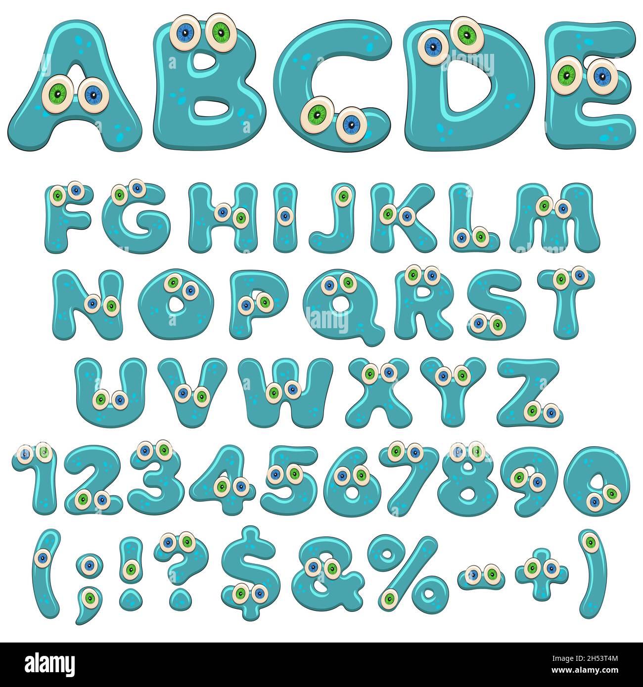 Gelee-Alphabet, Buchstaben, Zahlen und Zeichen mit Augen. Isolierte farbige Vektorobjekte auf weißem Hintergrund. Stock Vektor