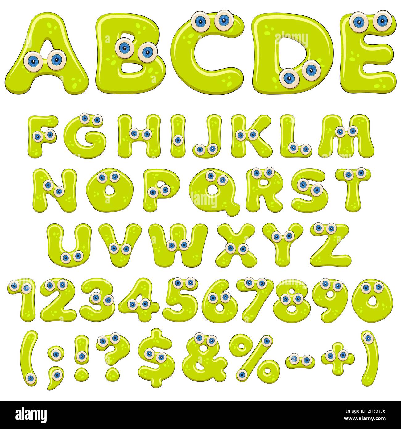 Gelee-Alphabet, Buchstaben, Zahlen und Zeichen mit blauen Augen. Isolierte farbige Vektorobjekte auf weißem Hintergrund. Stock Vektor