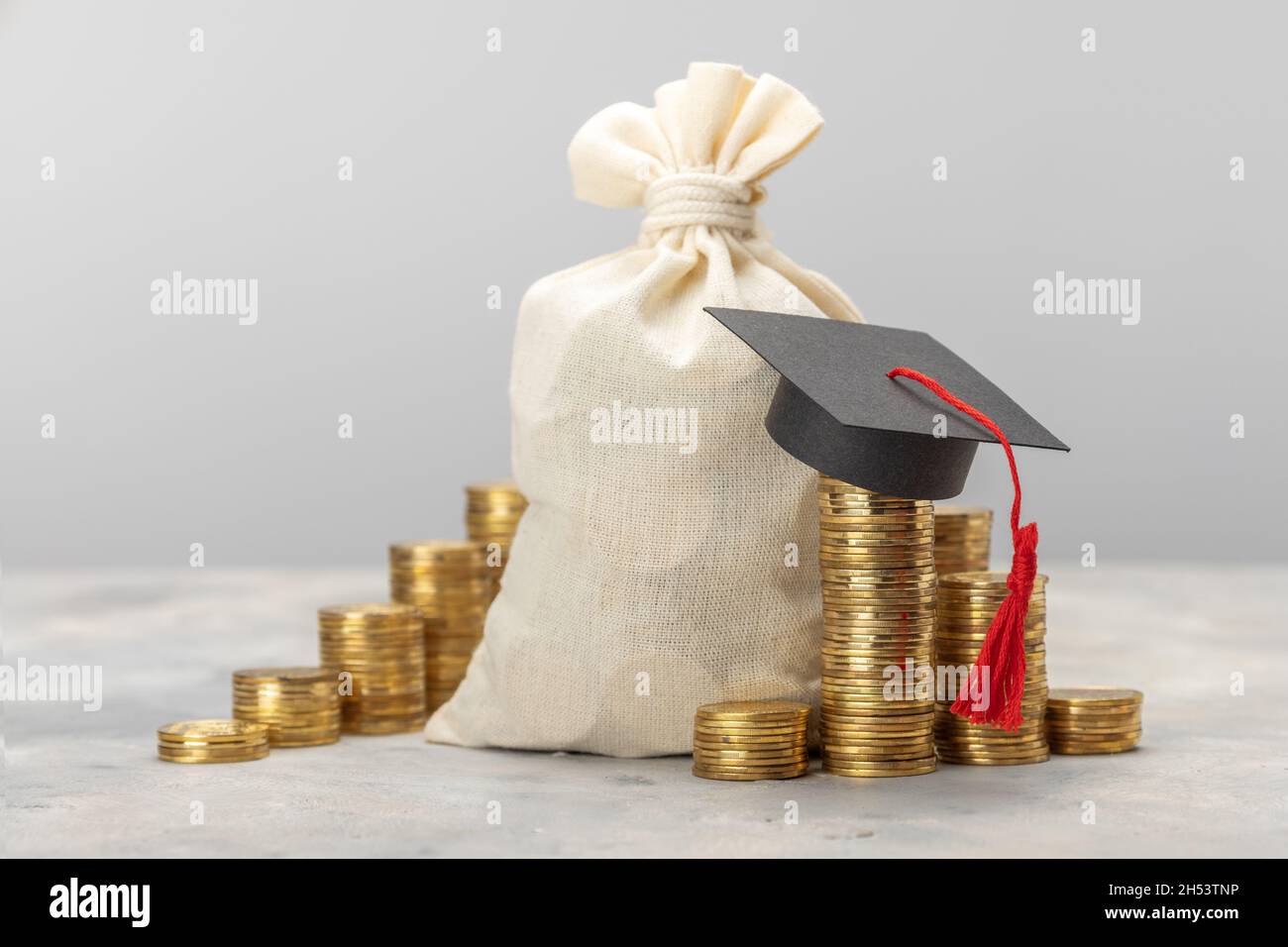 Teure Ausbildung. Einsparungen im Bildungsbereich. Stapel von Münzen und ein Beutel mit Geld mit einer Abschlusskappe auf einem grauen Hintergrund. Stockfoto