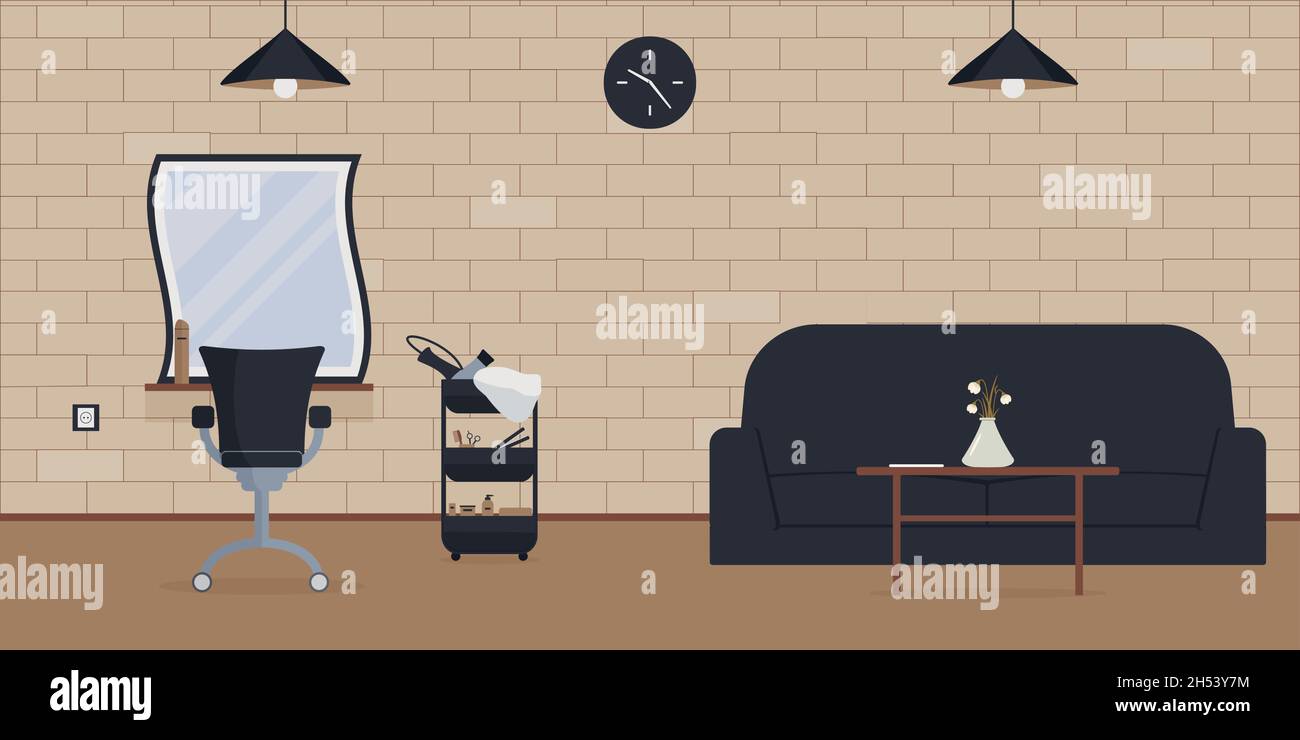 Das Interieur des Schönheitssalons im Loft-Stil.ein leerer, gemütlicher Friseurladen mit einer Ziegelwand, Spiegeln, Trolleys mit Haartrocknern, Haarglätter Stock Vektor