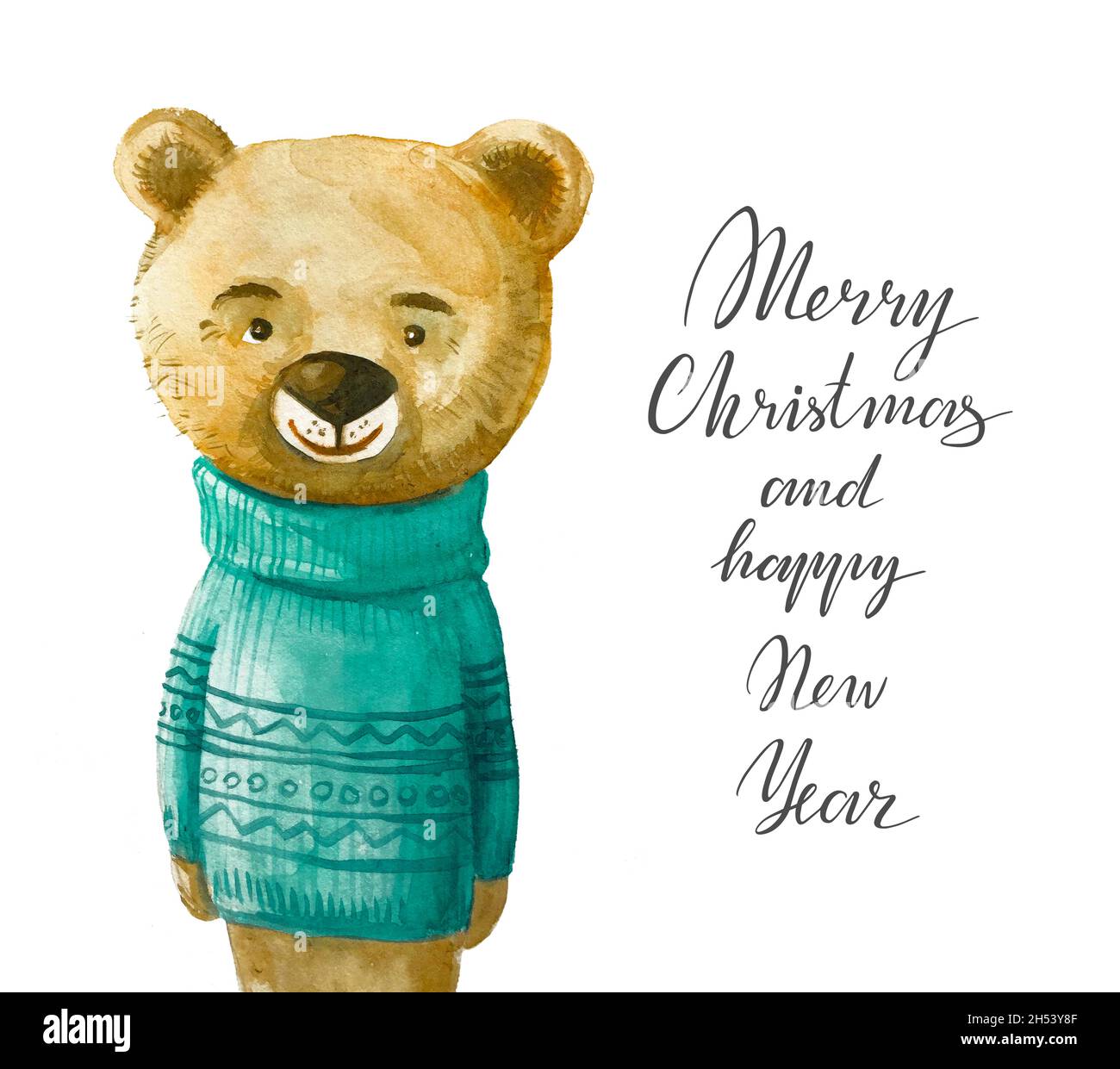 Aquarell-Bär auf Pullover. Cartoon Winter Urlaub Karte Design. Weihnachtliche Illustration auf weißem Hintergrund. Stockfoto