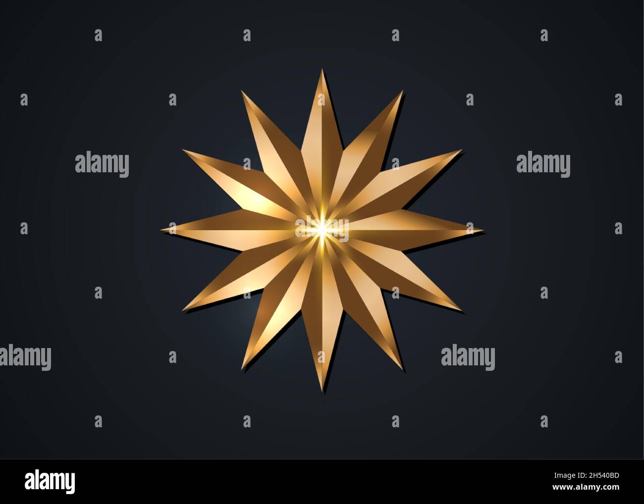 Zwölf spitze Sterne, goldenes Luxus-Kompassrose-Symbol. Clipart-Bild auf schwarzem Hintergrund isoliert Stock Vektor