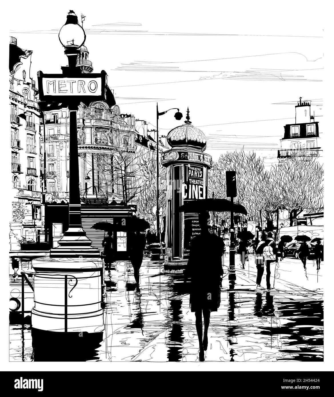 Pariser Straße unter Regen - Vektorgrafik Stock Vektor