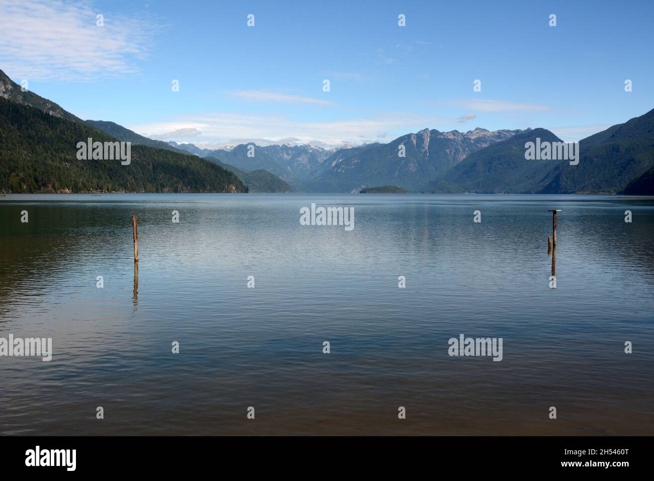 Pitt Lake, einer der größten Gezeitenseen der Welt, und die Berge der Garibaldi Range, in der Nähe von Pitt Meadows, British Columbia, Kanada. Stockfoto