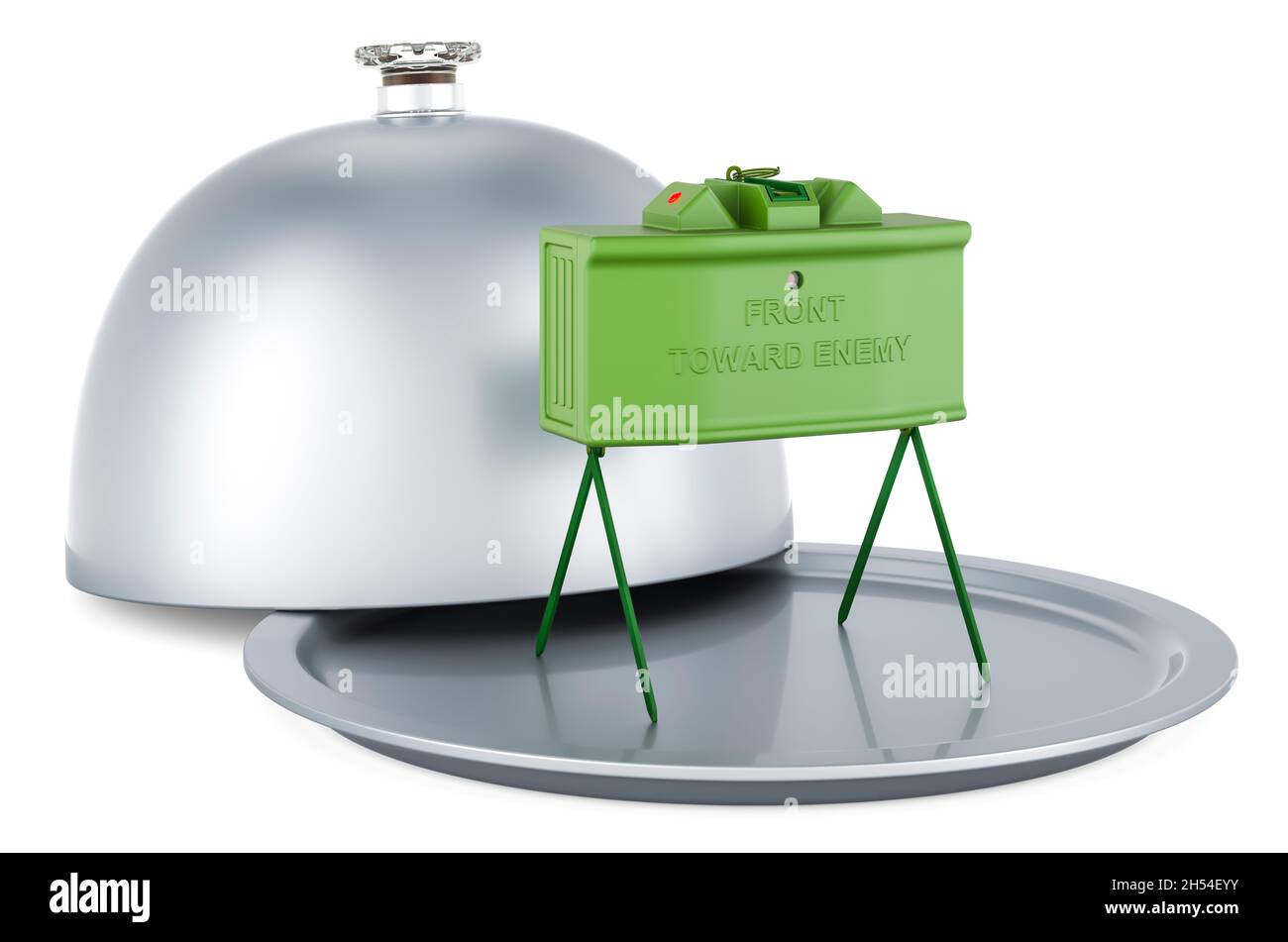 Restaurant Cloche mit Anti-Personal-Mine. 3D-Rendering auf weißem Hintergrund isoliert Stockfoto