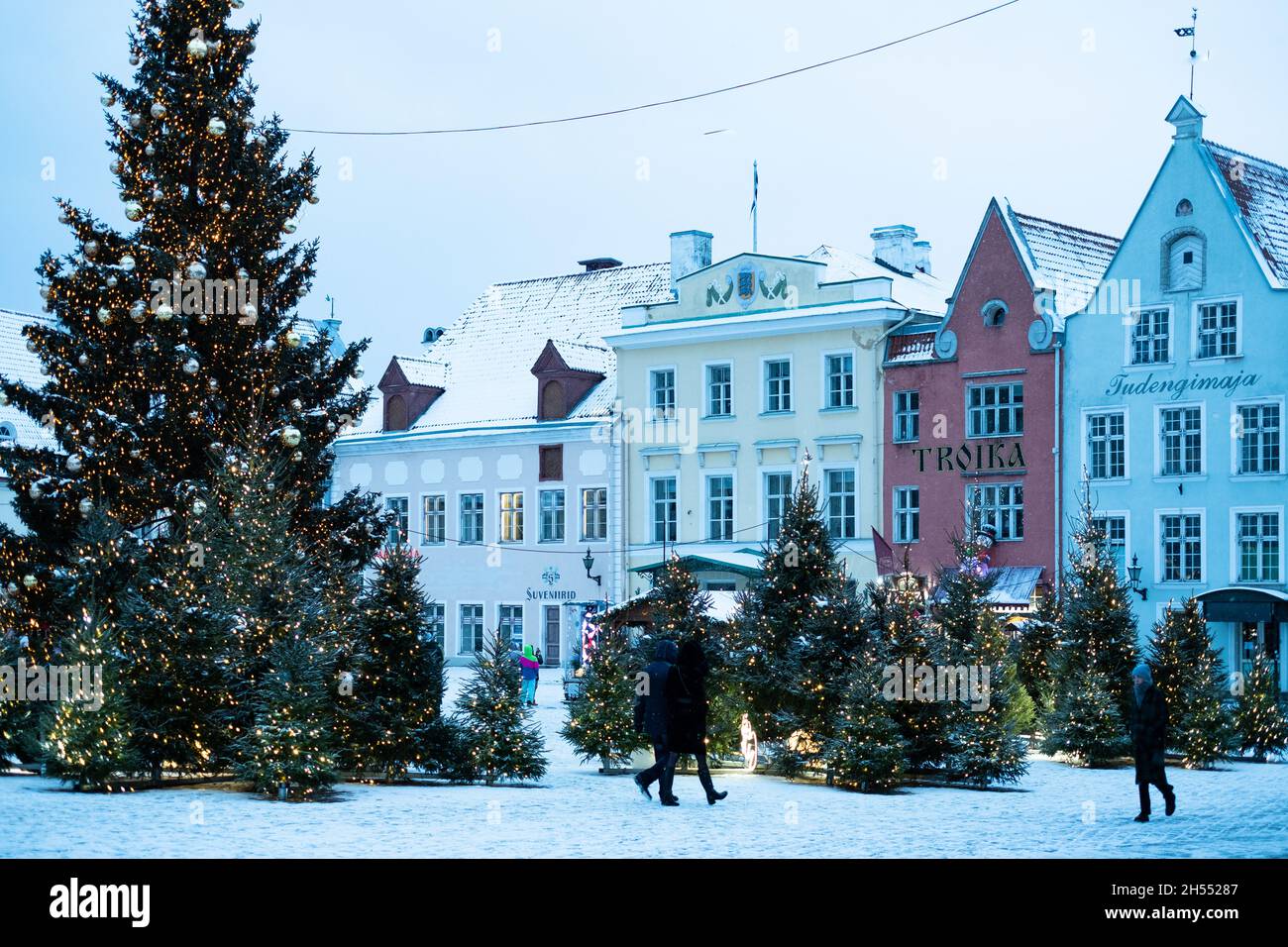 Weihnachtsbaum auf dem zentralen Platz der Altstadt von Tallinn. Nordische Weihnachtsdekoration in Tallinn. Stockfoto