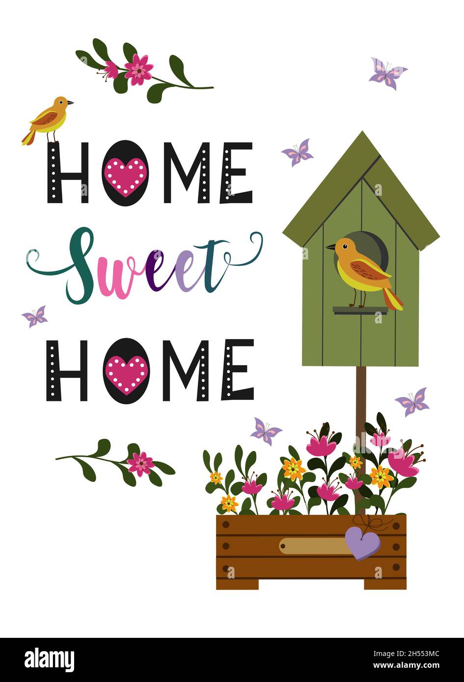 Home Sweet Home. Helles Poster mit Vögeln, Vogelhäusern und Blumen. Handgeschöpfter Text mit Buchstabenschrift. Stock Vektor
