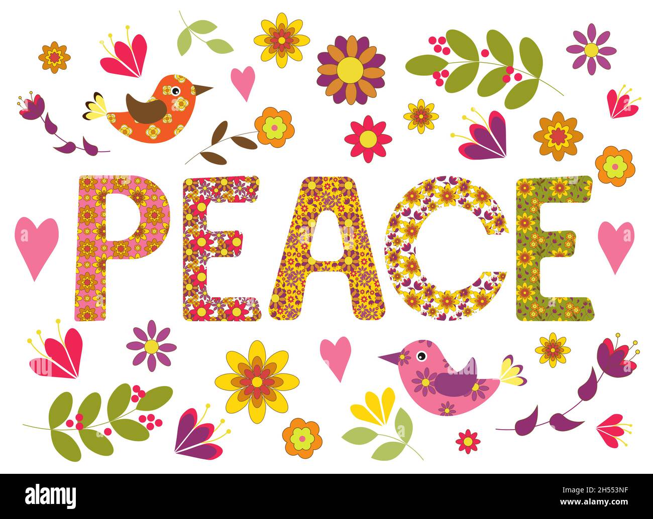 Frieden ist eine Phrase aus Buchstaben mit einem Muster. Helles Poster im Stil der 70er Jahre mit Blumen und Vögeln. Stock Vektor