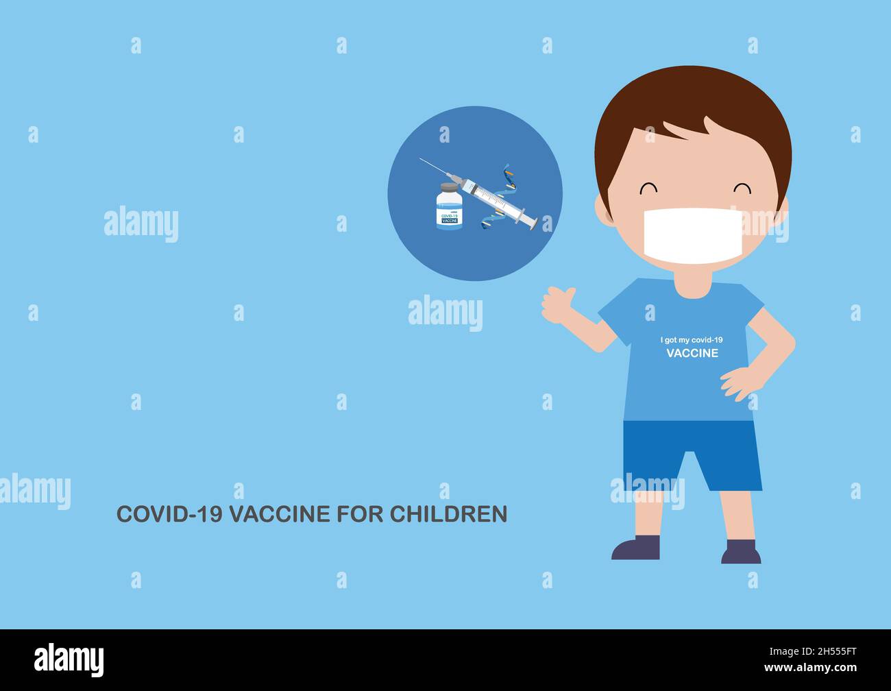 Covid-19-Impfstoff für Kinder. Messenger-RNA, die für die Impfung bei Kleinkind zugelassen ist. Vektorgrafik. Stock Vektor