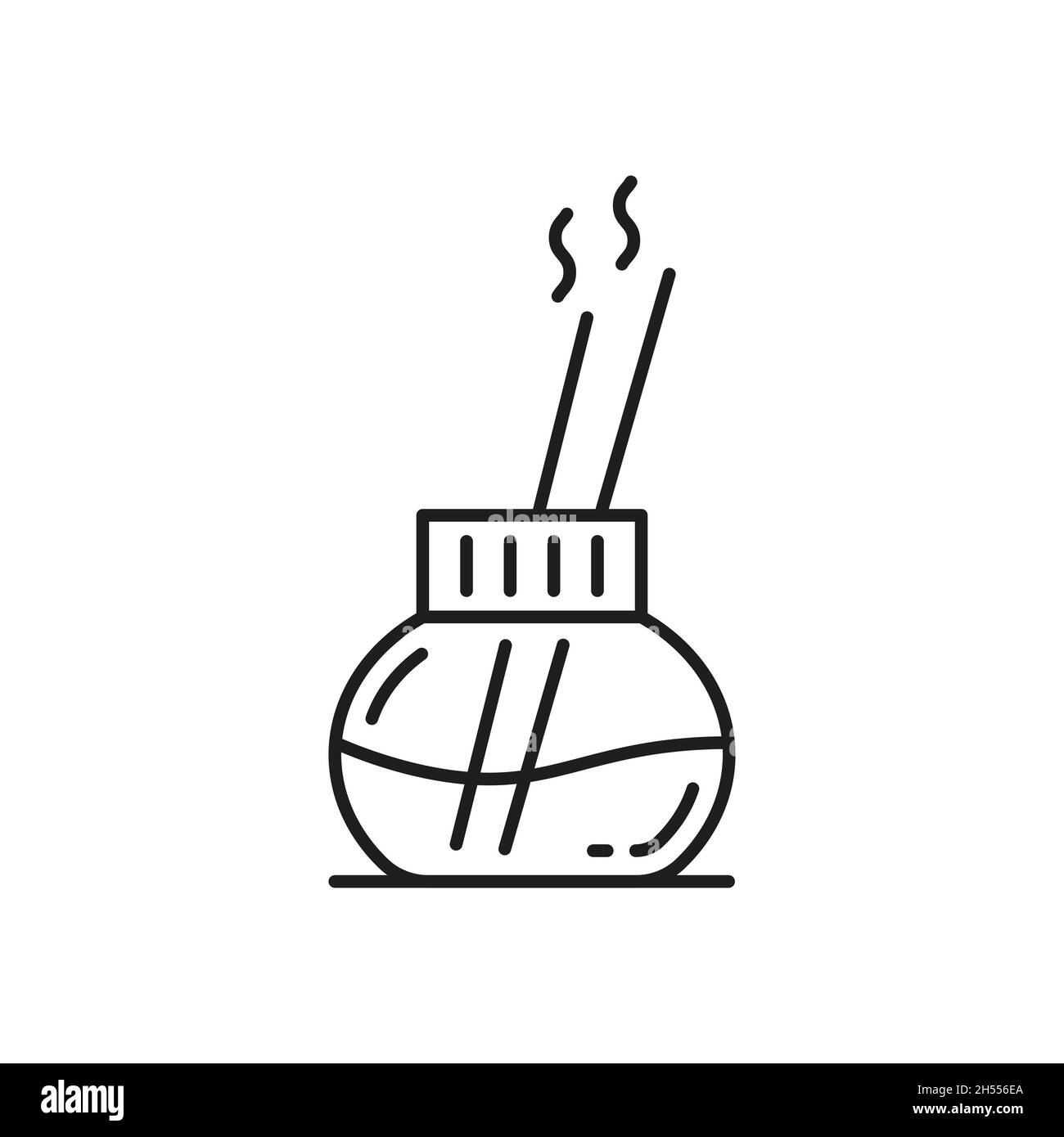 Brennstab in der Flasche isoliertes Umrisssymbol. Vector Weihrauch Aroma Joss Sticks in Tonvase, aromatisches Material Freigabe duftenden Rauch, wenn verbrannt. Stock Vektor