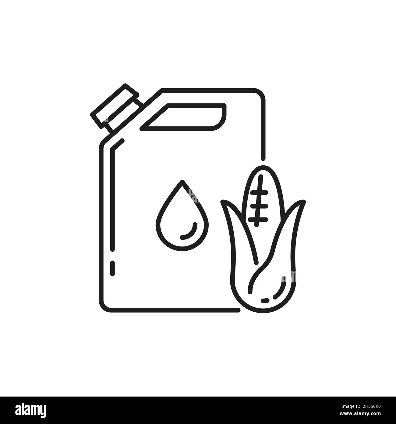 Biokraftstoff Biomasse in Kanister isoliert dünne Linie Symbol. Vector Ethanol aus Mais und Mais, alternativer umweltfreundlicher Kraftstoff. Grüne Energie, jer Stock Vektor