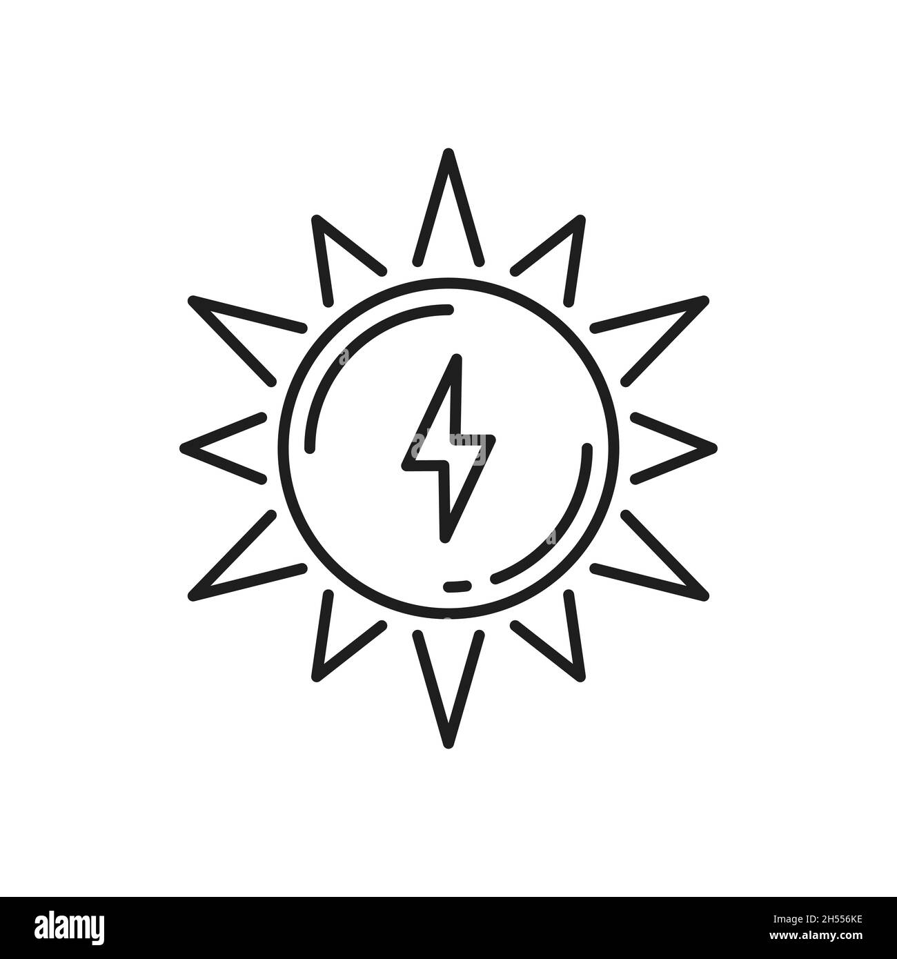 Sonne und Donner Blitz isoliert grünen Energiequellen dünne Linie Symbol. Vektor Sonnenaufgang und Sonnenuntergang Zeichen, Blitz Blitz Blitz, Gewitter Wetter fo Stock Vektor