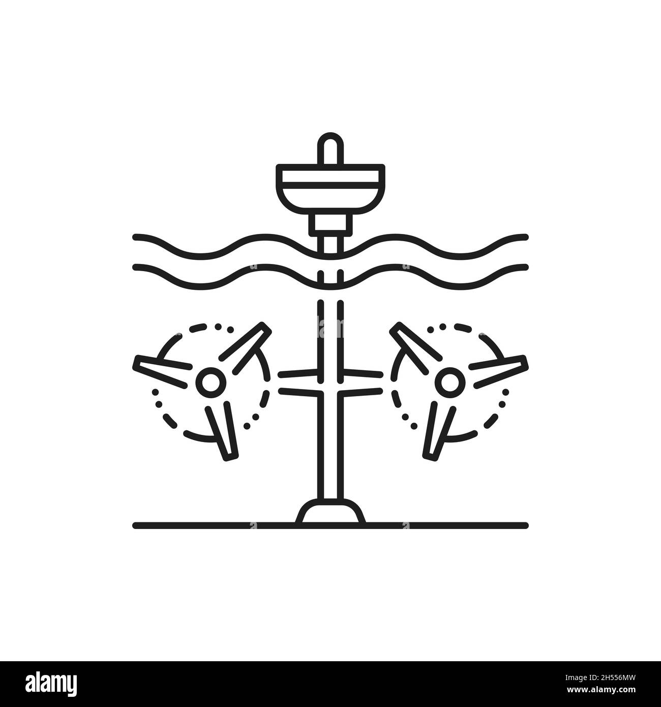 Symbol für isolierte dünne Linien der alternativen Energiequelle der Wave Station. Vector Wasserkraft Energieerzeugung, Gezeitenkraftwerk mit Turbinen. Grüne Energiewellen-Ele Stock Vektor