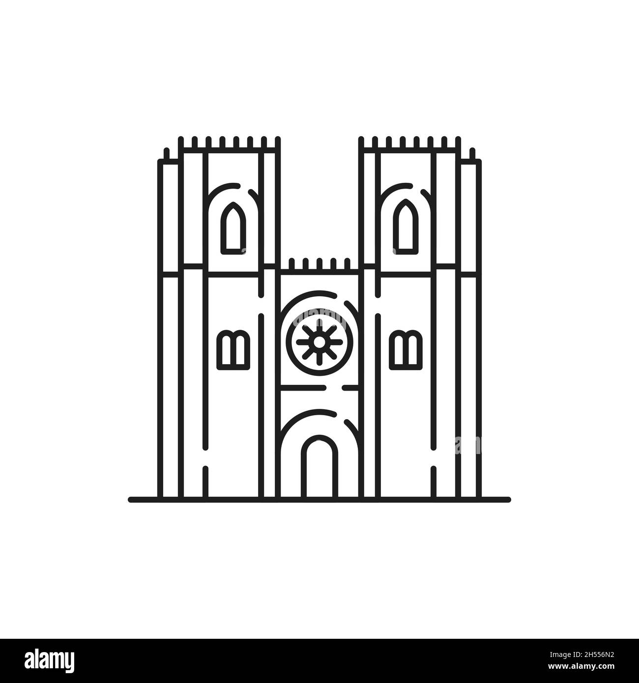 Kirche mit Turm isoliert Religion Gebäude Ikone. Vector katholische Kirche in Portugal Fassade mit Stern, Außengestaltung der mittelalterlichen Kirche mit entran Stock Vektor