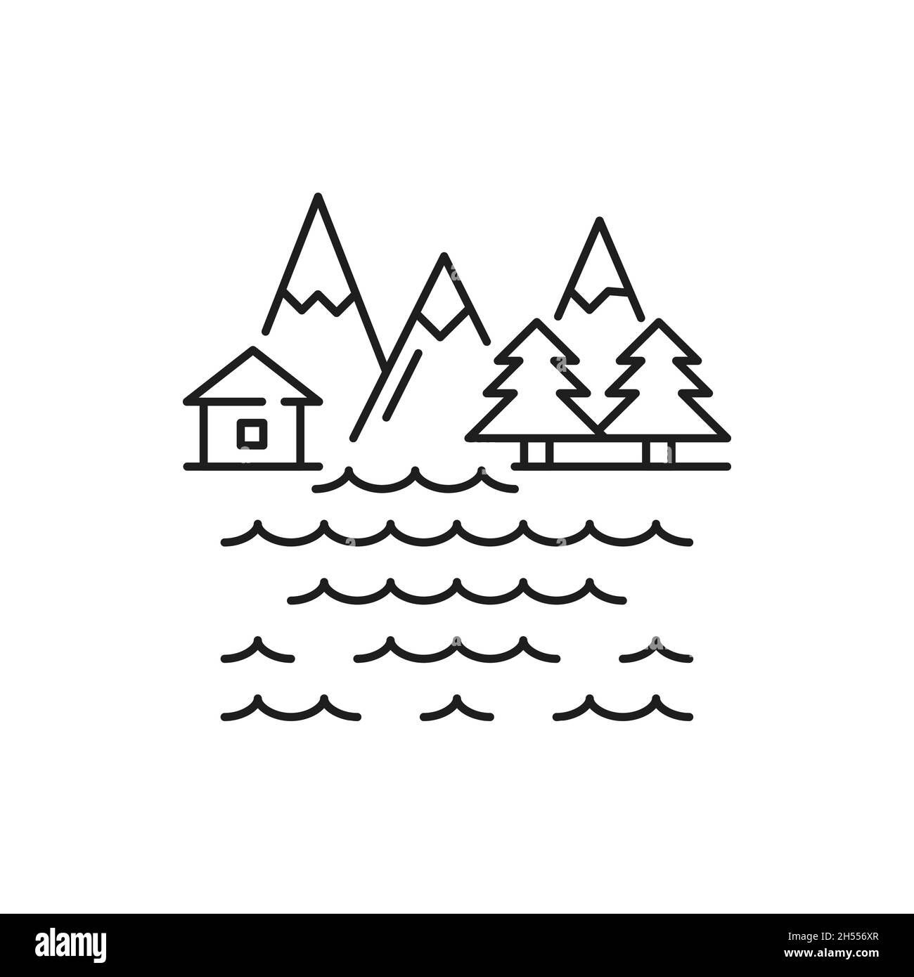 Berglandschaft lineare Symbol isoliert. Vektor dünne Linie Zeichen der Natur, hohen Berg Eis Gipfel, ländliche Landhaus und Fluss. Tannenbäume, Schweizer Schweiz Stock Vektor