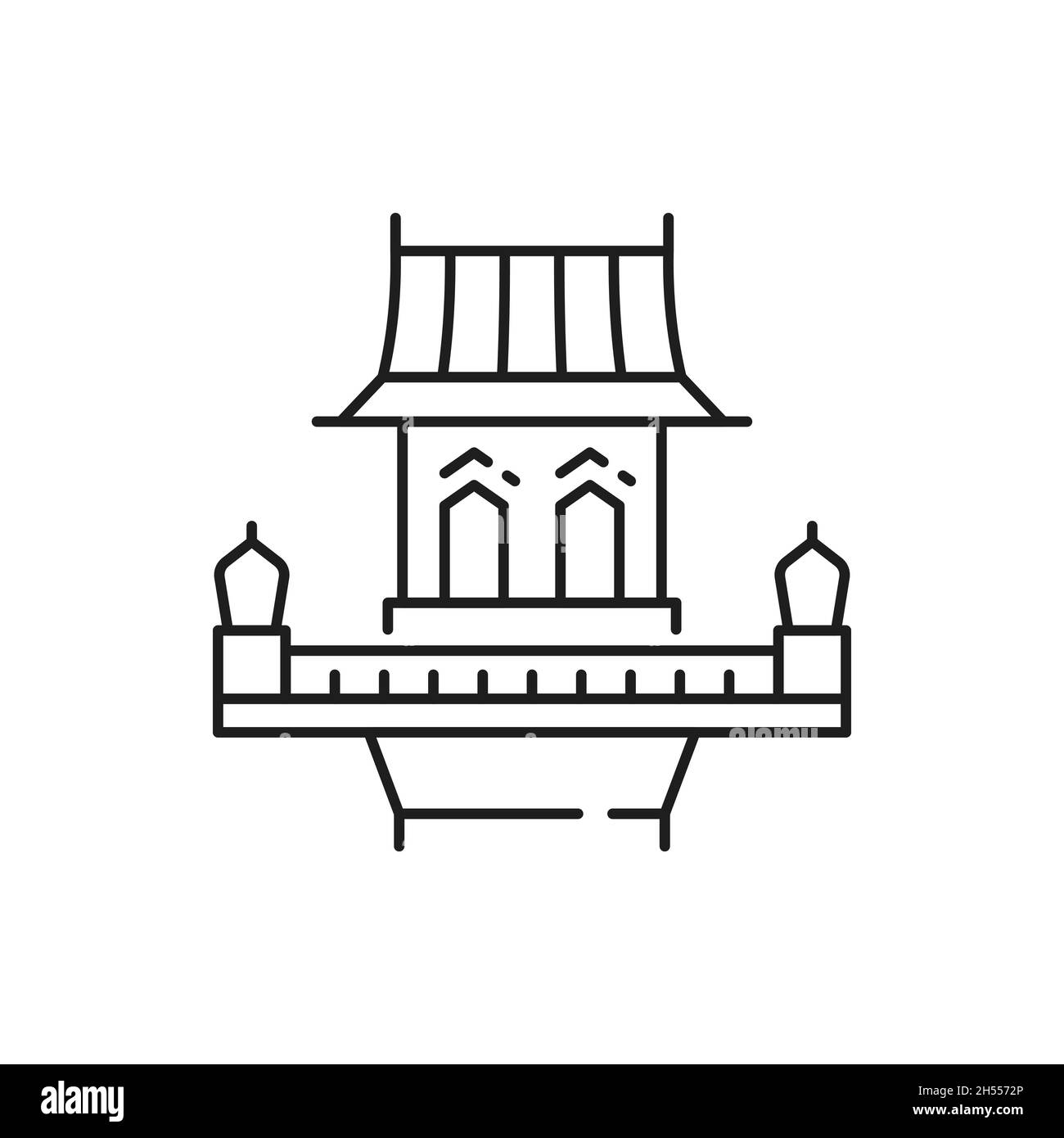 Altmodisches thailändisches Gebäude, isoliertes altes Straßenhaus mit Balkon, dünne Linien-Ikone. Vektor orientalisches Wahrzeichen, asiatische Struktur, Thai, Vietnam oder China Bogen Stock Vektor
