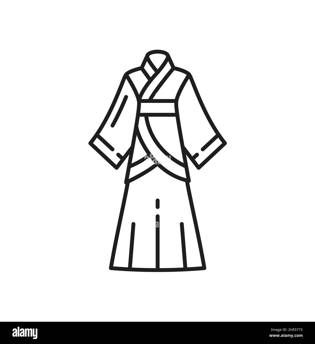 Kimono Langarm chinesische Frau Kleid isoliert dünne Linie Symbol. Vektor Japanisches koreanisches Kleid, traditionelle nationale Kleidung von China, Japan, Korea-Kult Stock Vektor