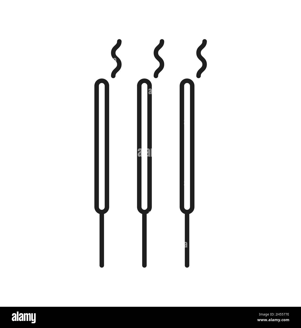 Brennender Räucherstäbchen isoliert chinesisches Symbol dünne Linie Symbol. Vektor drei kreative Aroma brennenden Sticks mit Rauch, chinesisches Neujahr Grafik-Element. Stock Vektor