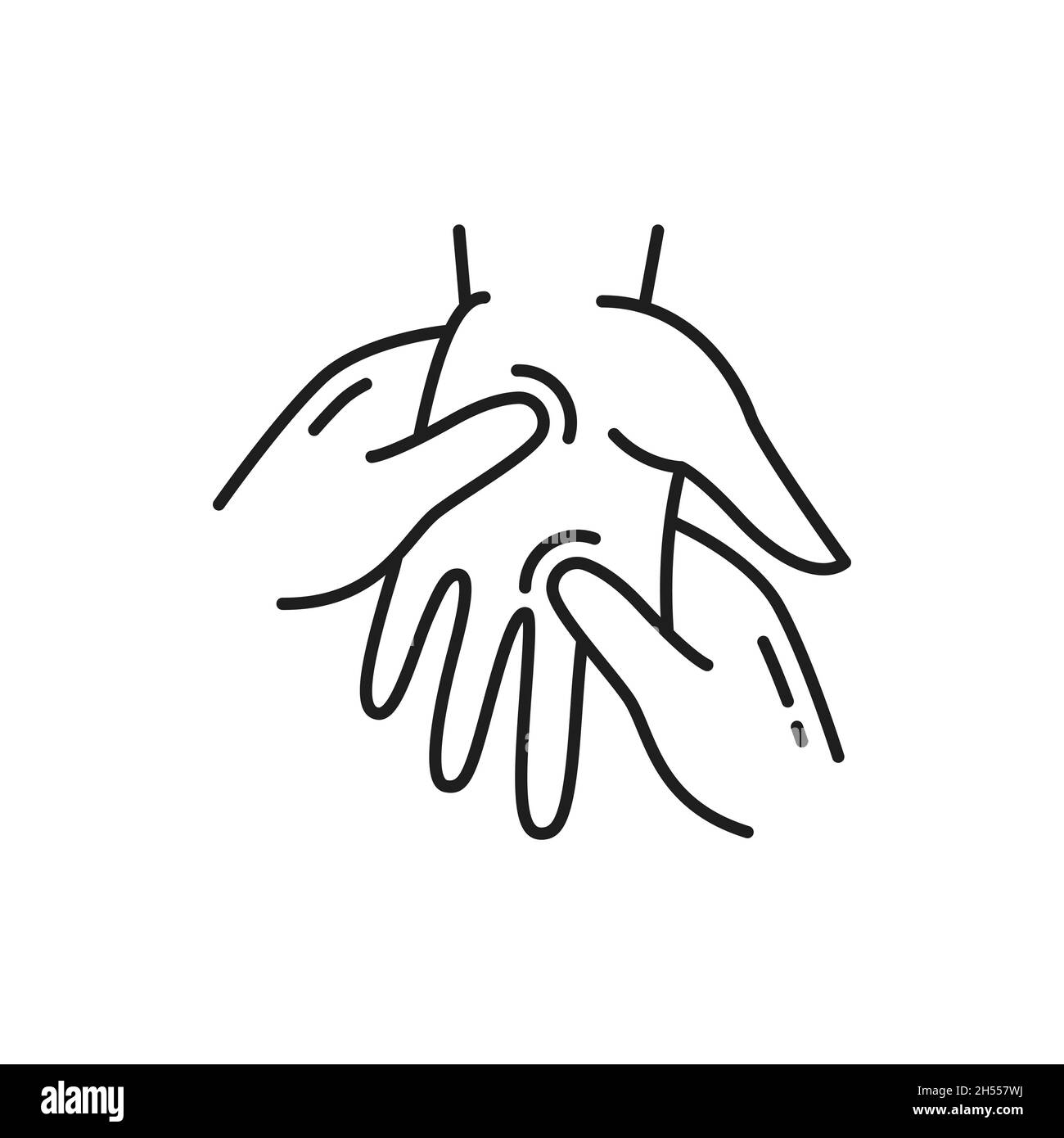 Handmassage, Arzt massiert menschliche Handfläche isoliert Umriss Symbol. Vektor-Arthritis, Reflexzonenmassage und rheumatoide, medizinische und osteopathische ther Stock Vektor