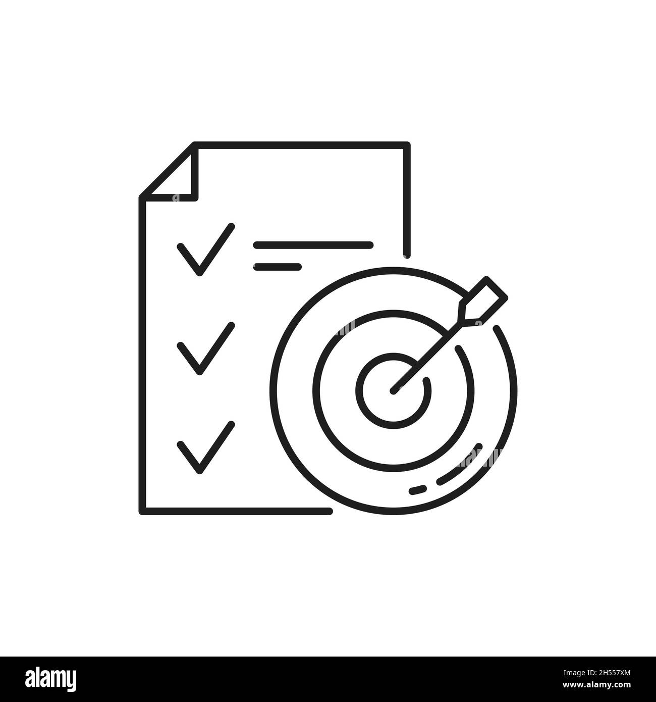 Isolierte Gliederungssymbole für erreichte Ziele und Ziele. Vektor-Zieltreffer, Pfeil in Bullseye und To-Do-Liste. Ziel, Plan, Aktion und Prüfpapier. Busi Stock Vektor