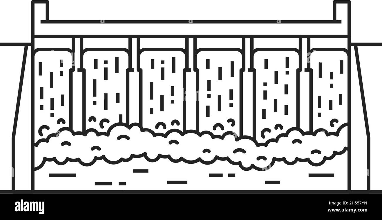 Wasserkraft Wasser Damm Energiequellen isoliert dünne Linie Symbol. Die Vektorbarriere stoppt oder schränkt den Fluss von Wasser oder unterirdischen Bächen ein. Bewässerung, consu Stock Vektor