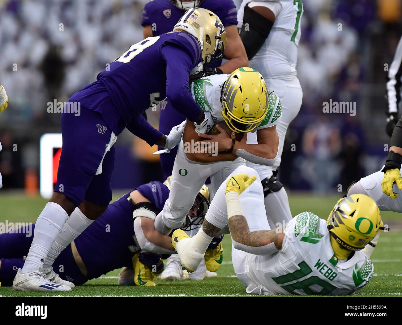 Seattle, WA, USA. November 2021. Oregon RB Travis Dye trägt den Ball während der ersten Hälfte des NCAA-Fußballspiels zwischen den Oregon Ducks und Washington Huskies im Husky Stadium in Seattle, WA. Steve Faber/CSM/Alamy Live News Stockfoto