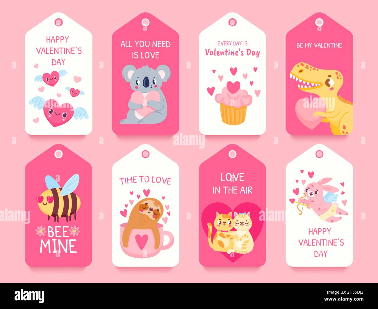 Valentinstag-Geschenkanhänger mit Tieren. Dinosaurier, Koala mit Herzen, Amor, Katzenpaar und Liebesbiene. Romantische valentinstag Tag Etiketten Vektor-Set Stock Vektor