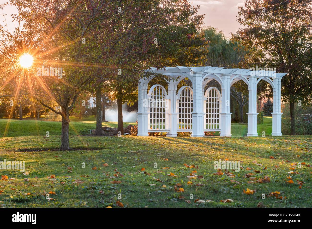 Herbstansicht einer Pergola in der Mitte des Grasfeldes mit Sunburst im Vordergrund und Wasserbrunnen im Hintergrund. Stockfoto